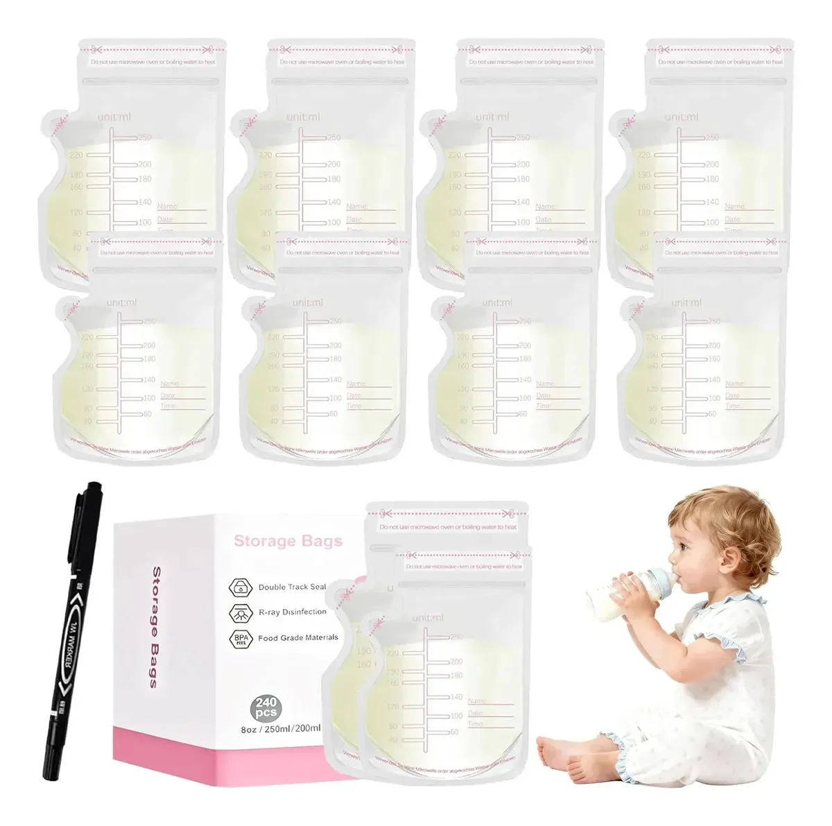 150 unidades de sacos de leite materno de 250 ml, coletor de leite materno antivazamento de vedação dupla com caneta, autopassado e pré-esterilizado, para freezer, refrigeração e coletor de leite...