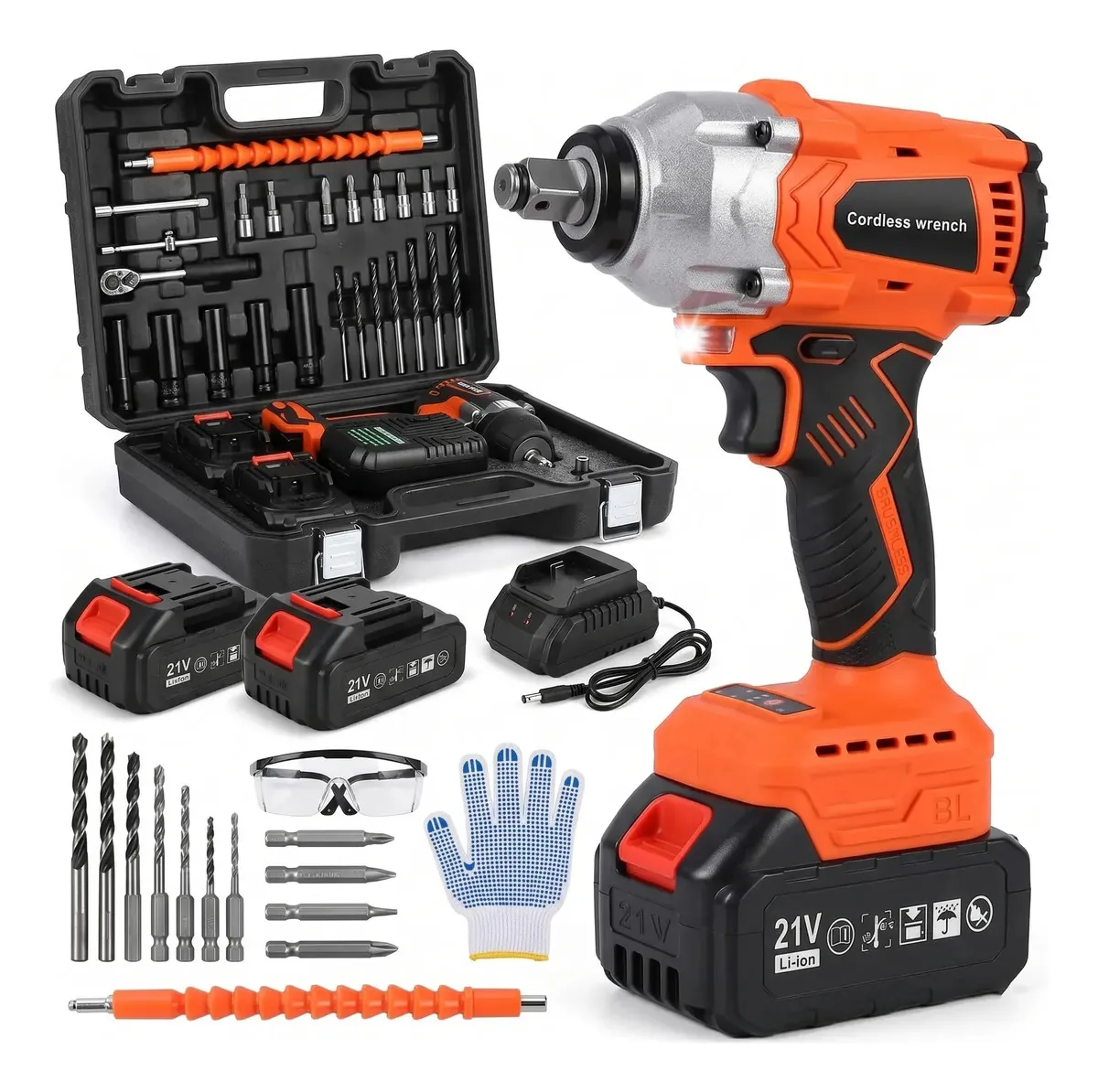 Chave de Impacto a Bateria 21V para Mecânica e Automotiva Com Kit Completo