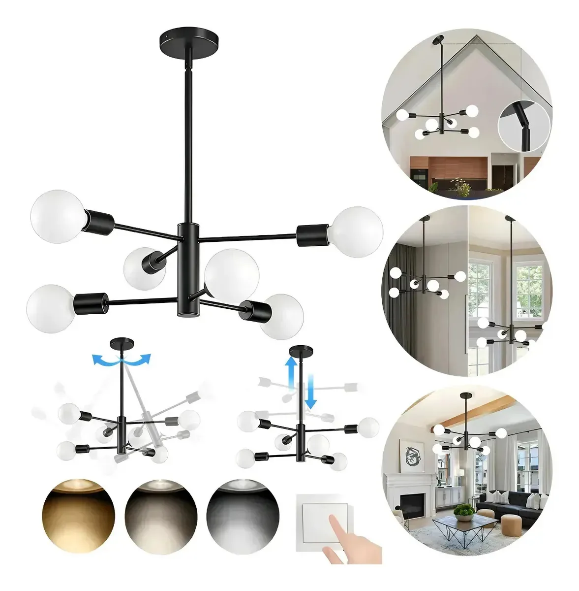 Luzes de teto suspensas modernas 6 luzes decorativas E26 para interiores Sala de jantar Cozinha Quarto Mobiliário de escritório Iluminação Luminária suspensa de teto ajustável Teto doméstico moderno