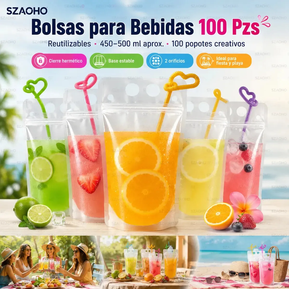 Saco de bebida portátil de 100 unidades com alça, sacos de bebidas reutilizáveis para água e sucos, acessórios de acampamento, inclui canudo