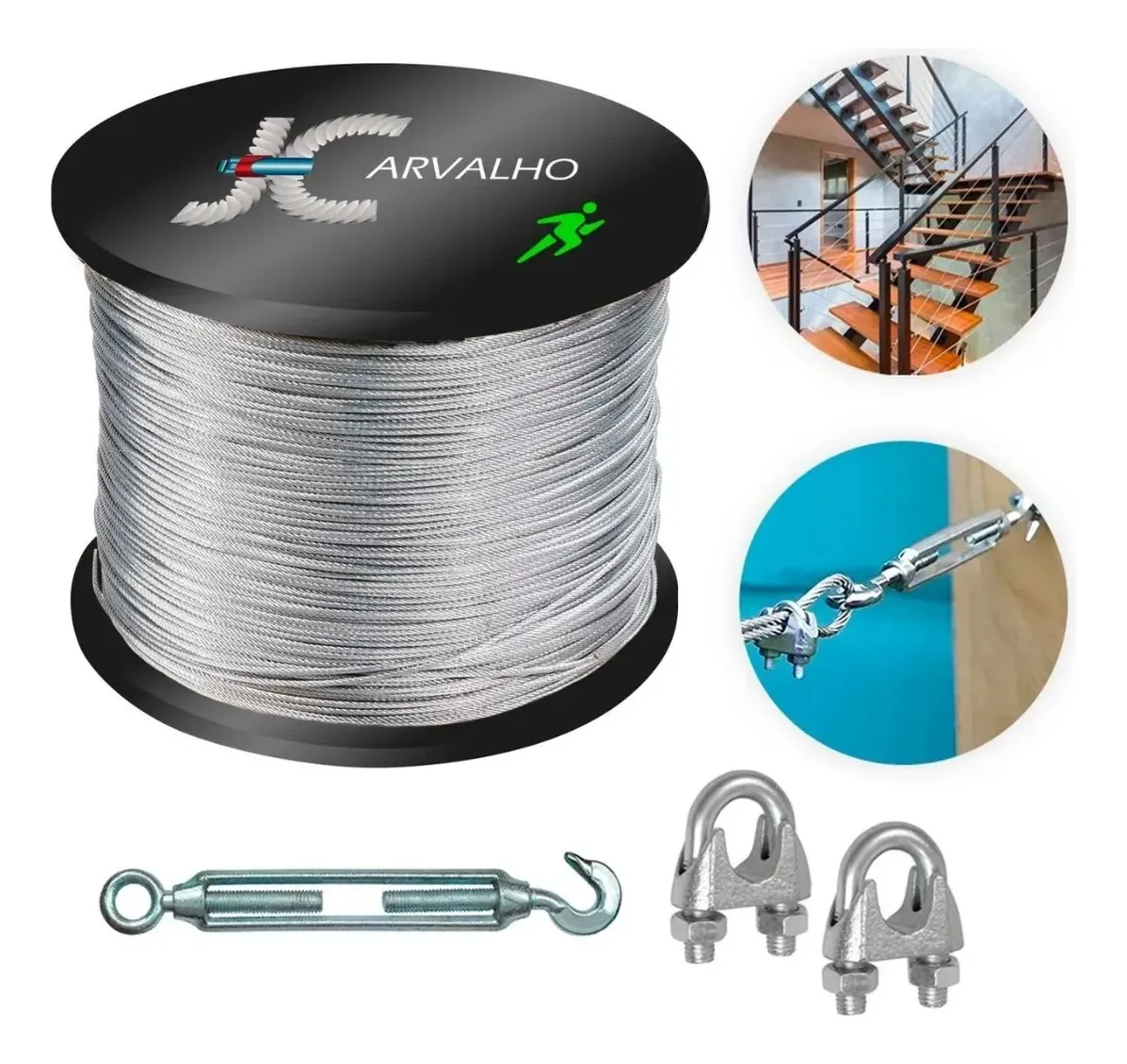 100m Cabo De Aço 1/8 Pvc Cristal Guarda Corpo + Acessórios