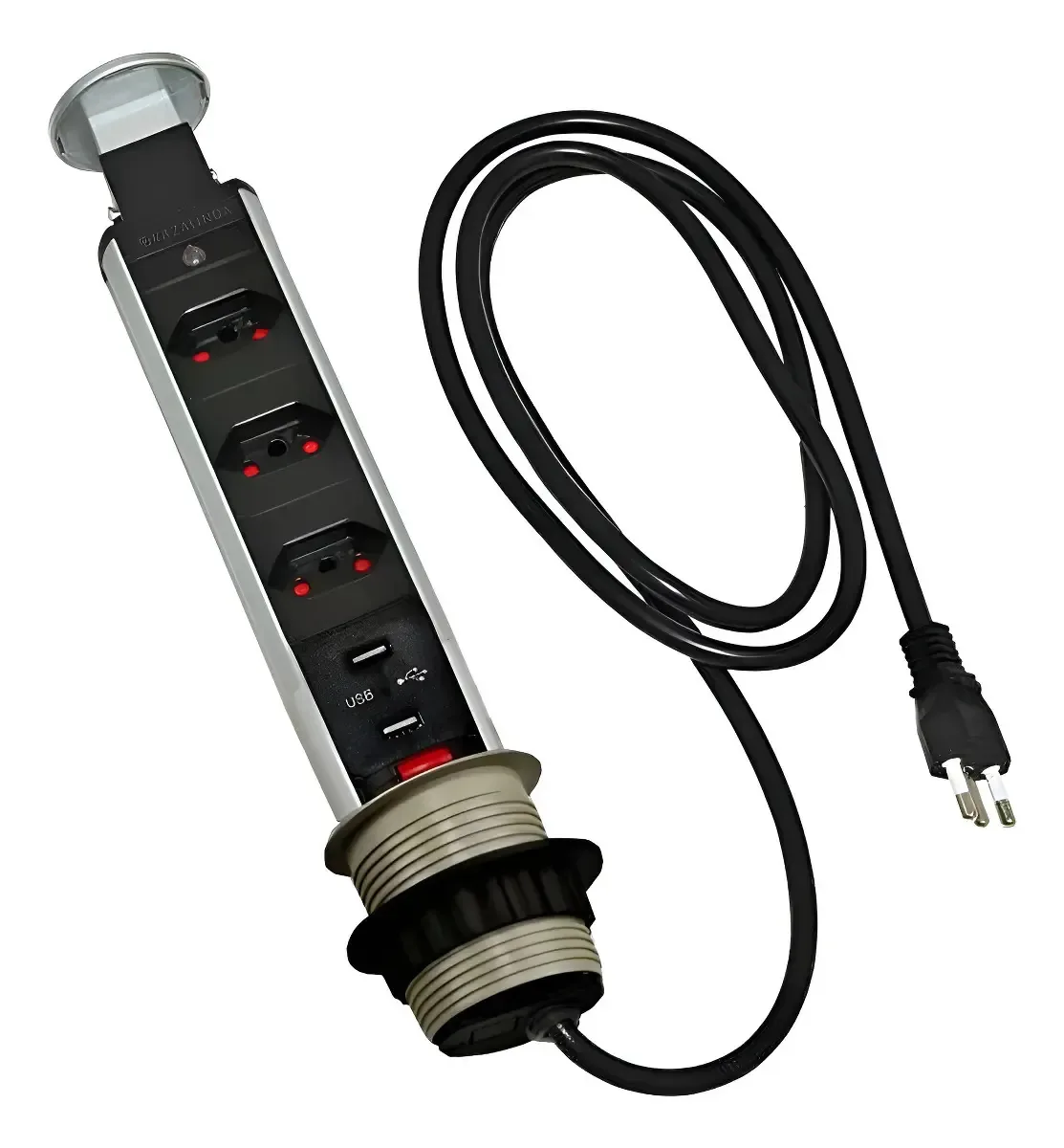 Torre Multiplug Retrátil Com 3 Tomadas E 2 Usb Embutir - Kzi Cinza-escuro