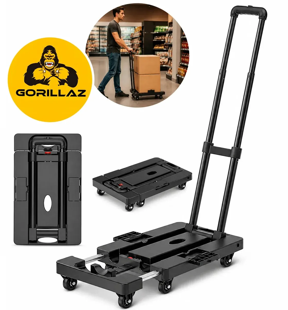 Carrinho De Carga Plataforma Dobrável Reforçado Com 6 Rodas Capacidade 150kg Extensivel Gcc-600 Gorillaz