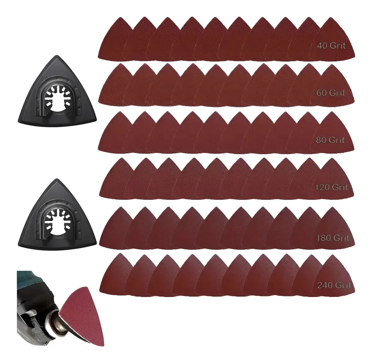 60 discos de lixa oscilantes triangulares de 80 mm + 2 adaptadores 60