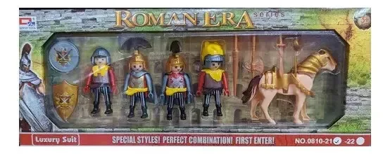 Conjunto de 4 figuras de guerreiro, bonecos articulados com cavalo, arma
