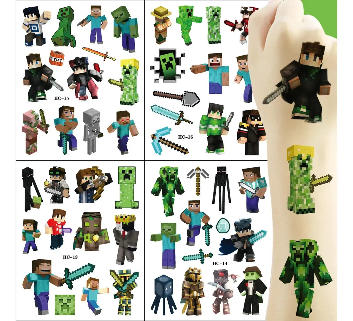 Tatuagens temporárias: Jogue Minecraft Kids Birthday, 100 unidades verdes