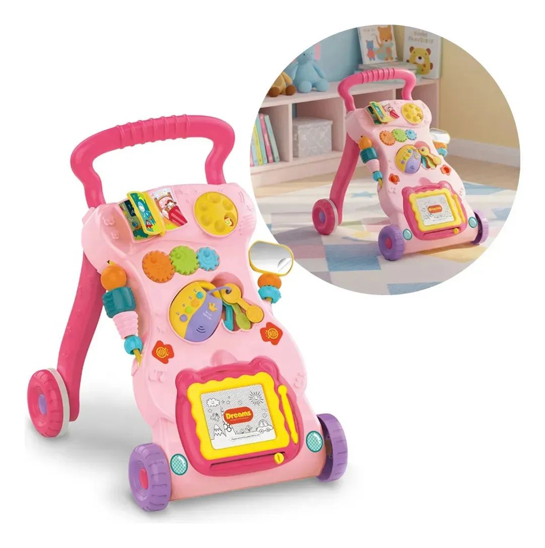 Andador de bebê multifuncional com quadro rosa