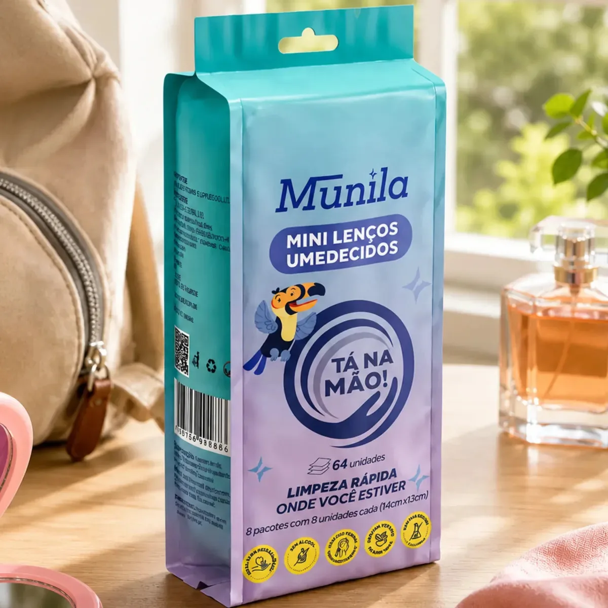 Kit 8 Mini Lenços Umedecidos Tá Na Mão Munila 64un Portátil