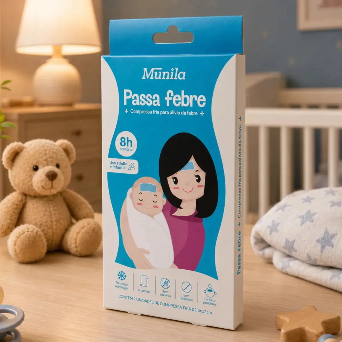 Compressa Fria Para Bebê Adesiva E Descartável Alívio Rápido Azul Liso