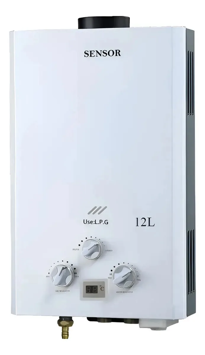 Aquecedor instantâneo a gás de 12 litros com sensor de pneu natural branco ao ar livre