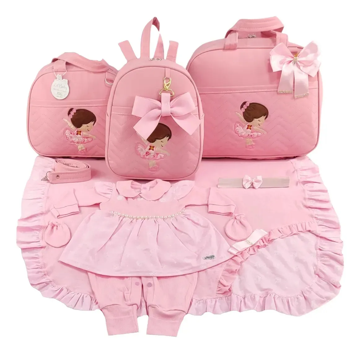 Kit Saida + Bolsa Maternidade 3 Pçs Bailarina Rosa Menina