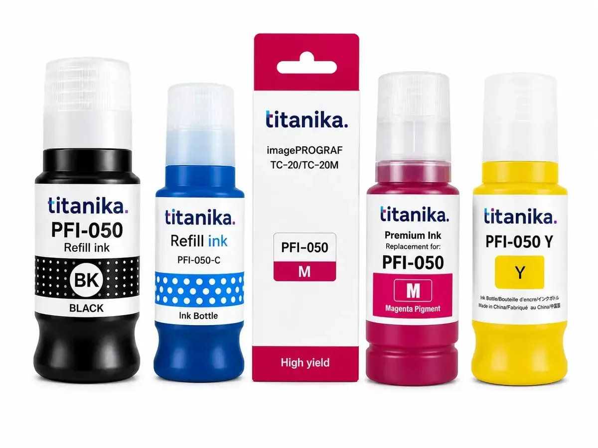 Pacote com 4 garrafas de tinta alternativas Titanika para Canon Imageprogaf Tc-20 Tc-21 70 ml pretoPFI-050 Bk CianPfi-050 C Magentapfi-050 M amareloPFI-050 Y
