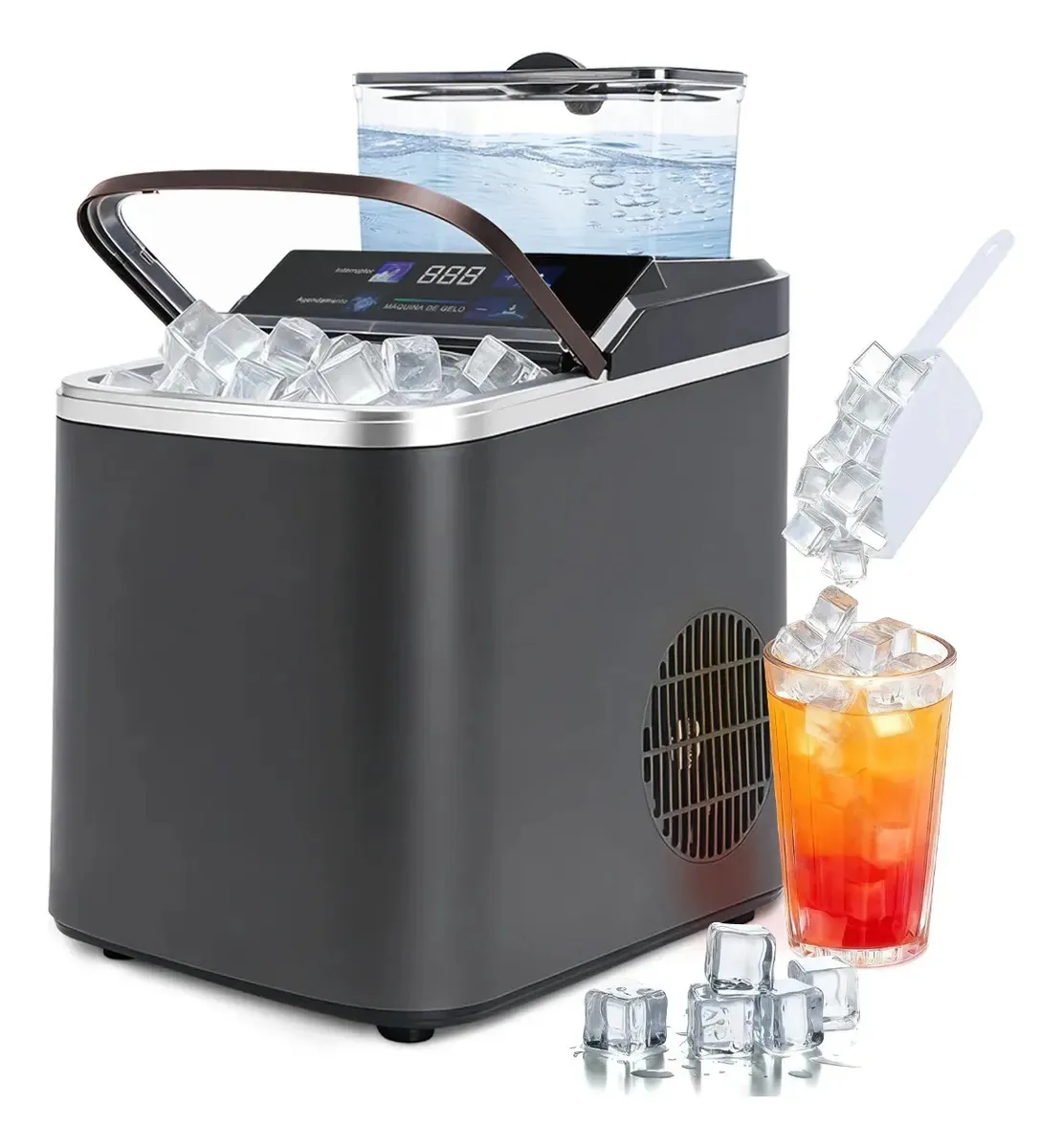 Máquina De Gelo Cubos De Gelo Quadrados Painel Digital 16kg 120w Tamanho Ajustável Preto