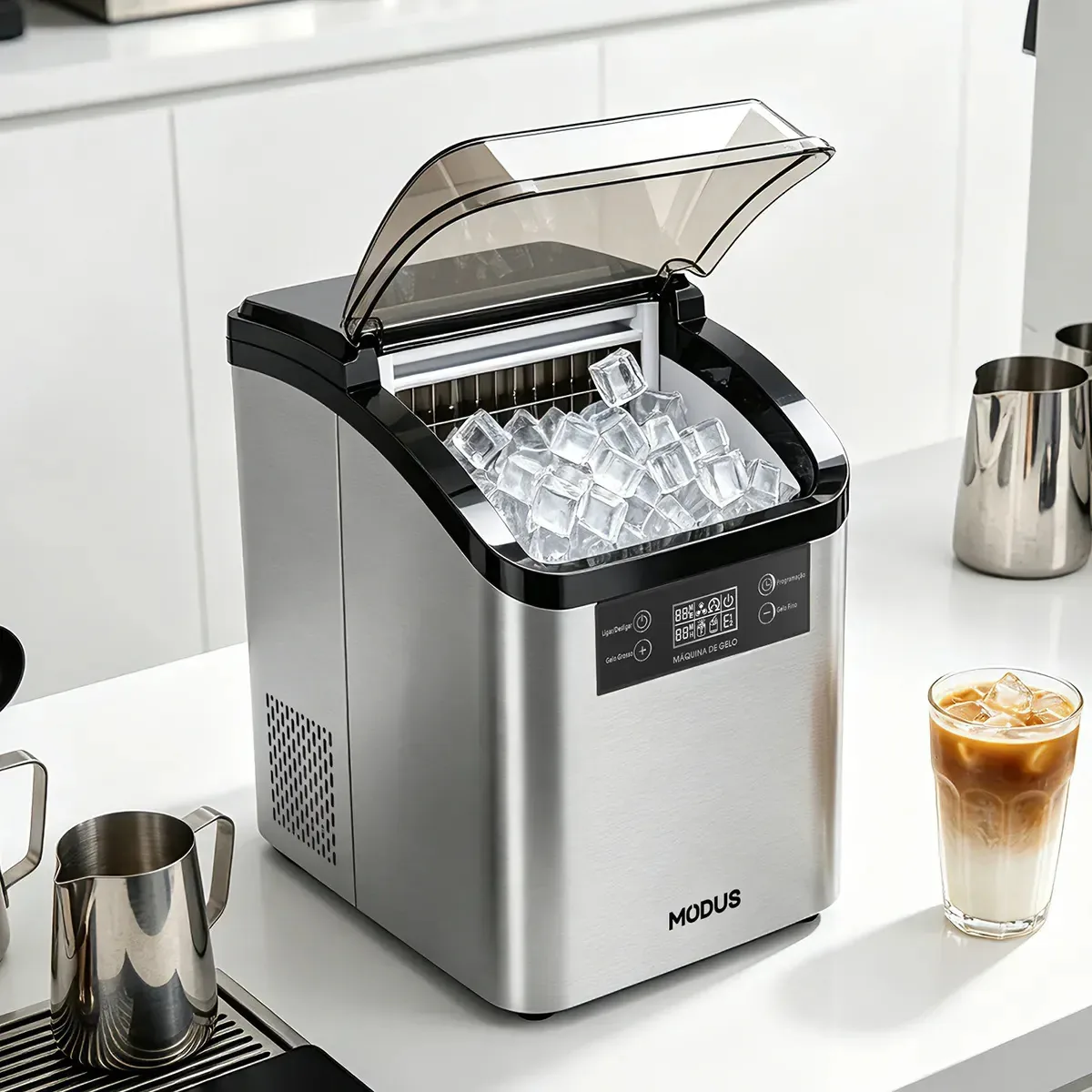 Modus Maquina De Gelo Inox Tela Digital Cubos De Gelo Quadrados 20kggelo 130w