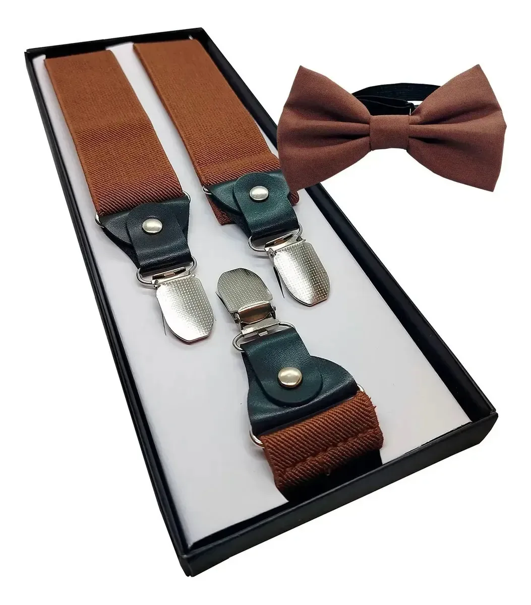 Kit Suspensórios marrom e Gravata Borboleta, Ajustável e Liso, da AeO Acessórios