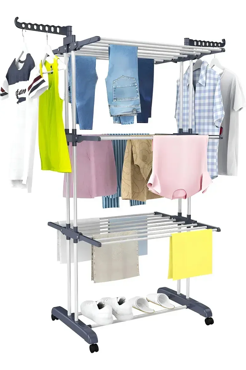 Prateleira de roupas, cabide de 3 camadas, roupas portáteis verticais com rodas, dobráveis, brancas, azuis, roupas secas, lavanderia externa, organizador de varandas, rack espacial multifuncional,...
