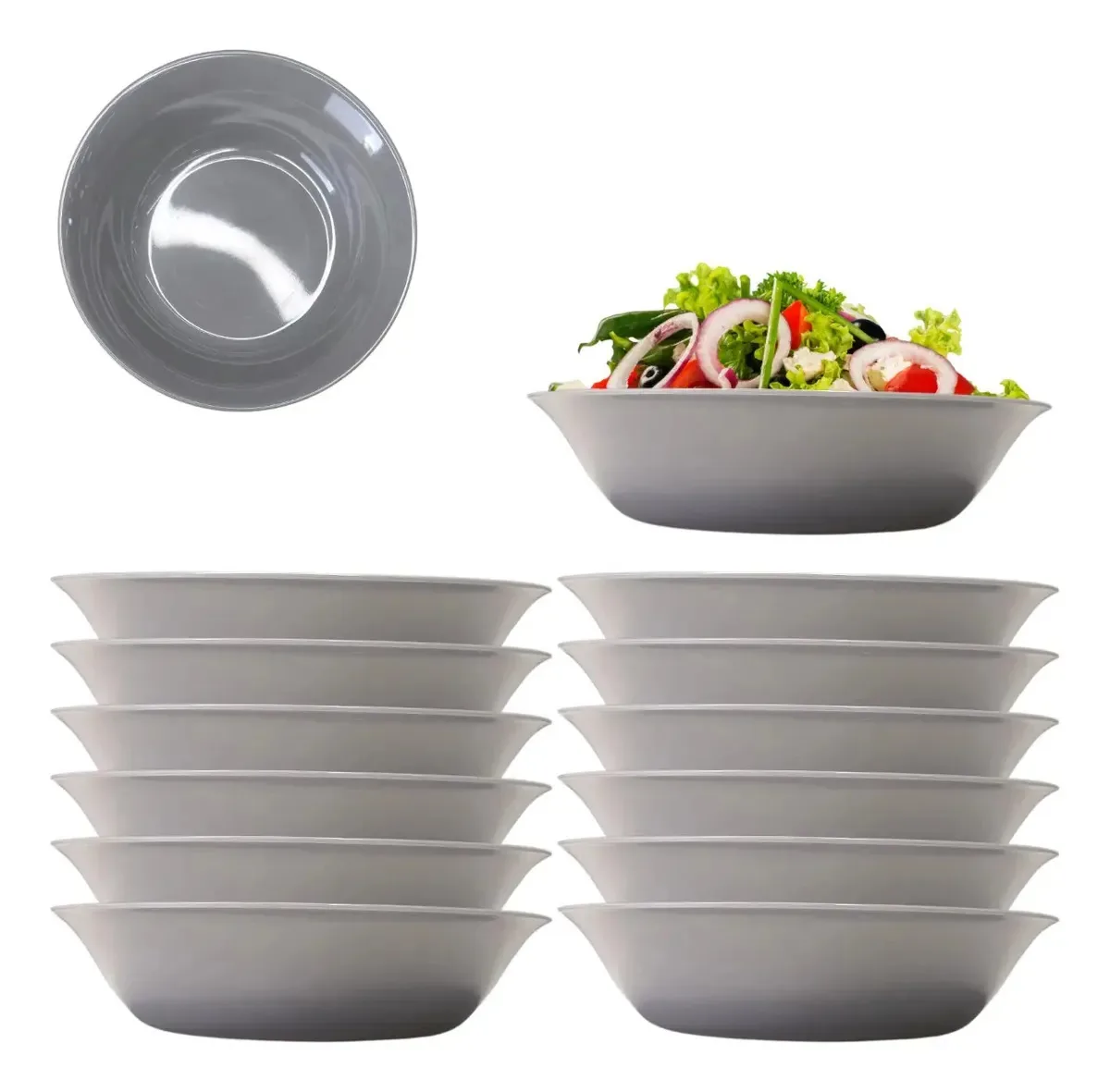 12 Tigelas Bowl Saladeira Funda Melamina Cinza Cozinha 800ml