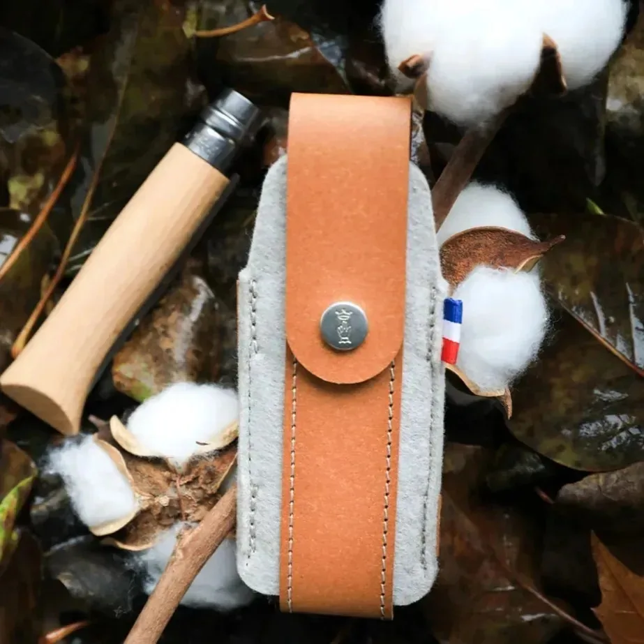 Capa Opinel para facas nº 7, 8, 9 e Effies 8 e 10, couro recuperado e feltro, cor cinza