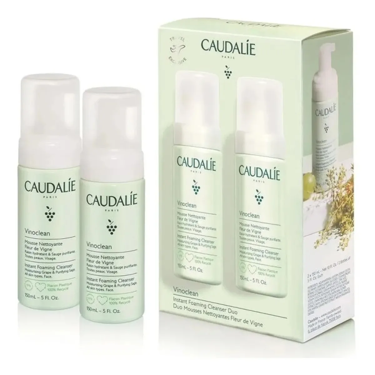 Espuma de limpeza facial Caudalie Vinoclean, 2 unidades