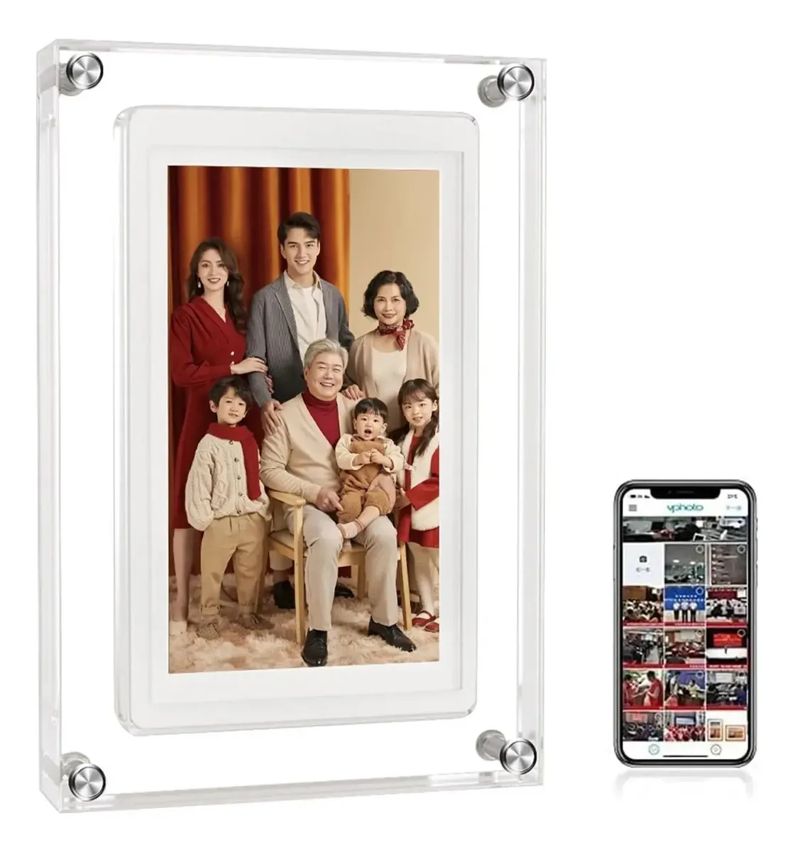 Porta-retratos digital Wi-Fi de 5 polegadas em acrílico, porta-retratos inteligente na nuvem com tela sensível ao toque IPS, permite o compartilhamento de fotos e vídeos via Frameo ou cartão SD,...