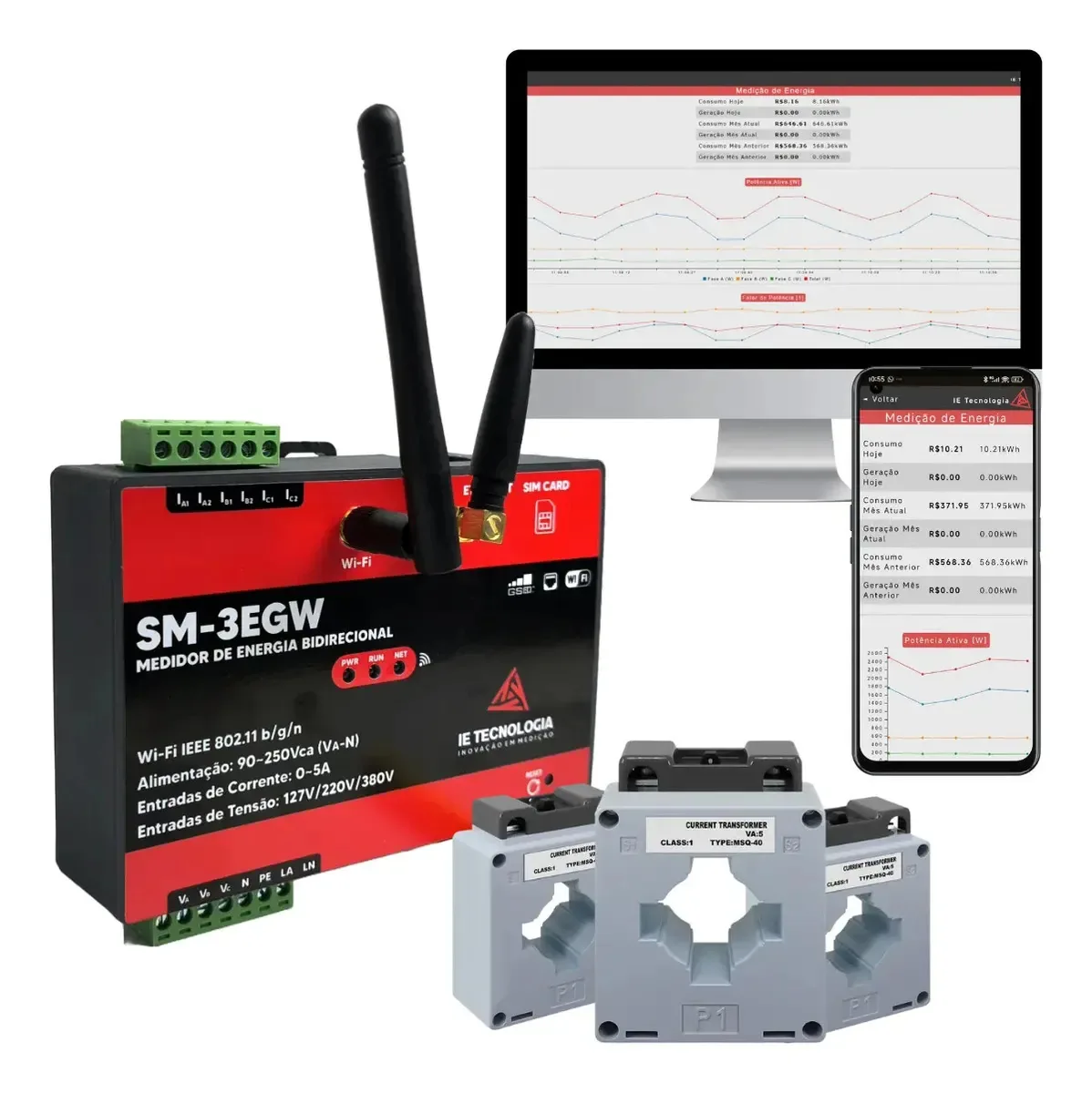 Kit Analisador De Energia Trifásico Wifi Ethernet Gsm 2g Sm-3egw + Transformadores De Corrente Bipartido 400a / 5a Ie Tecnologia