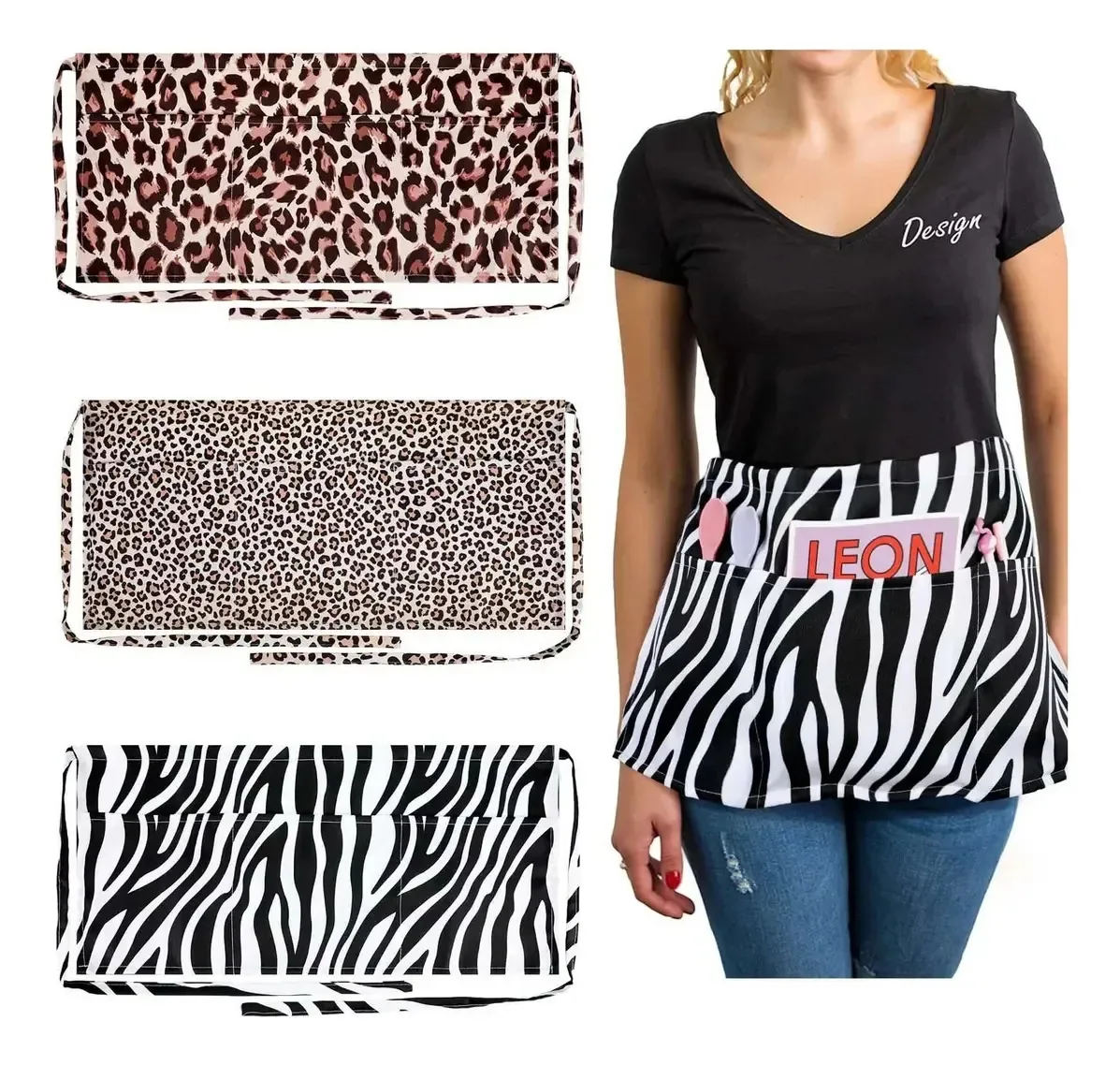 Aventais de garçonete leopardo com 3 aventais