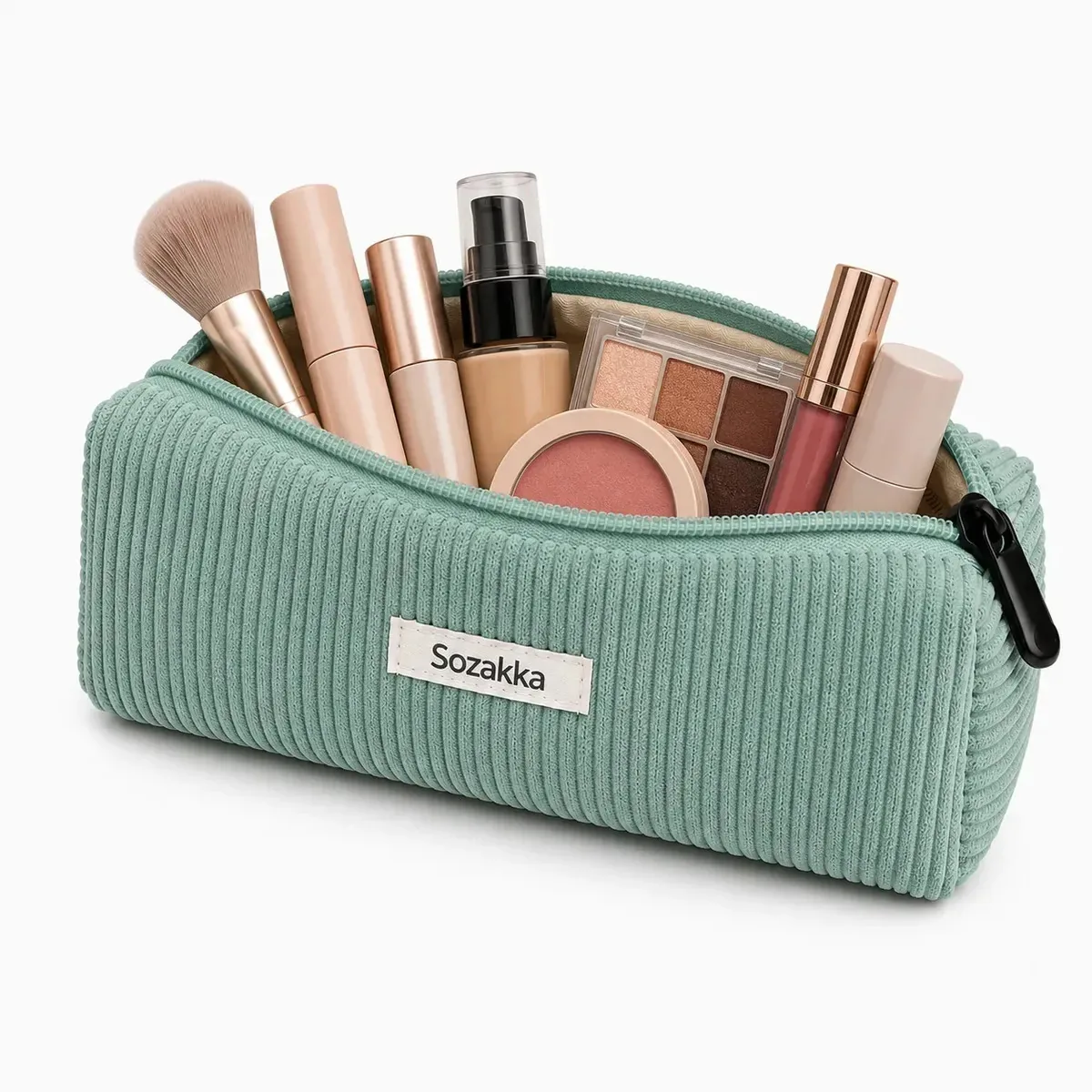 Estojo de cordeiro cor de grama para maquiagem, cosméticos e acessórios de viagem Bolsa de cosméticos portátil com fecho canelado. Estética para mulheres - Grass