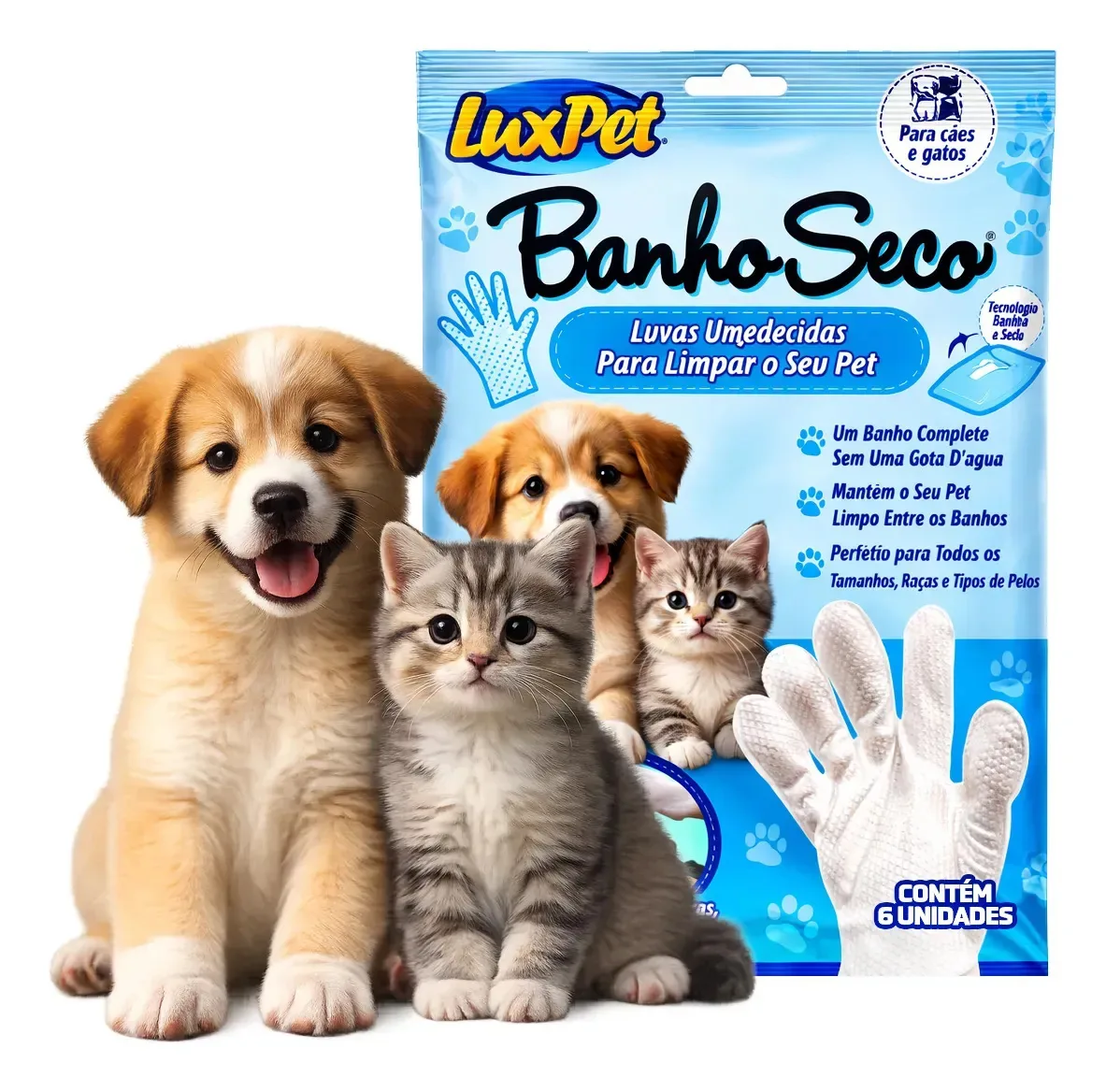 Kit 6 Luvas Umedecidas Banho A Seco Luxpet Para Cães E Gatos Limpeza Sem Água Remove Odores E Pelos Higiene Rápida