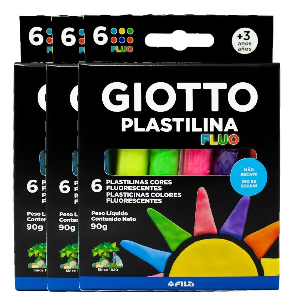 Kit 3 Massinha De Modelar Plastilina Fluo Giotto 6 Cores 90g