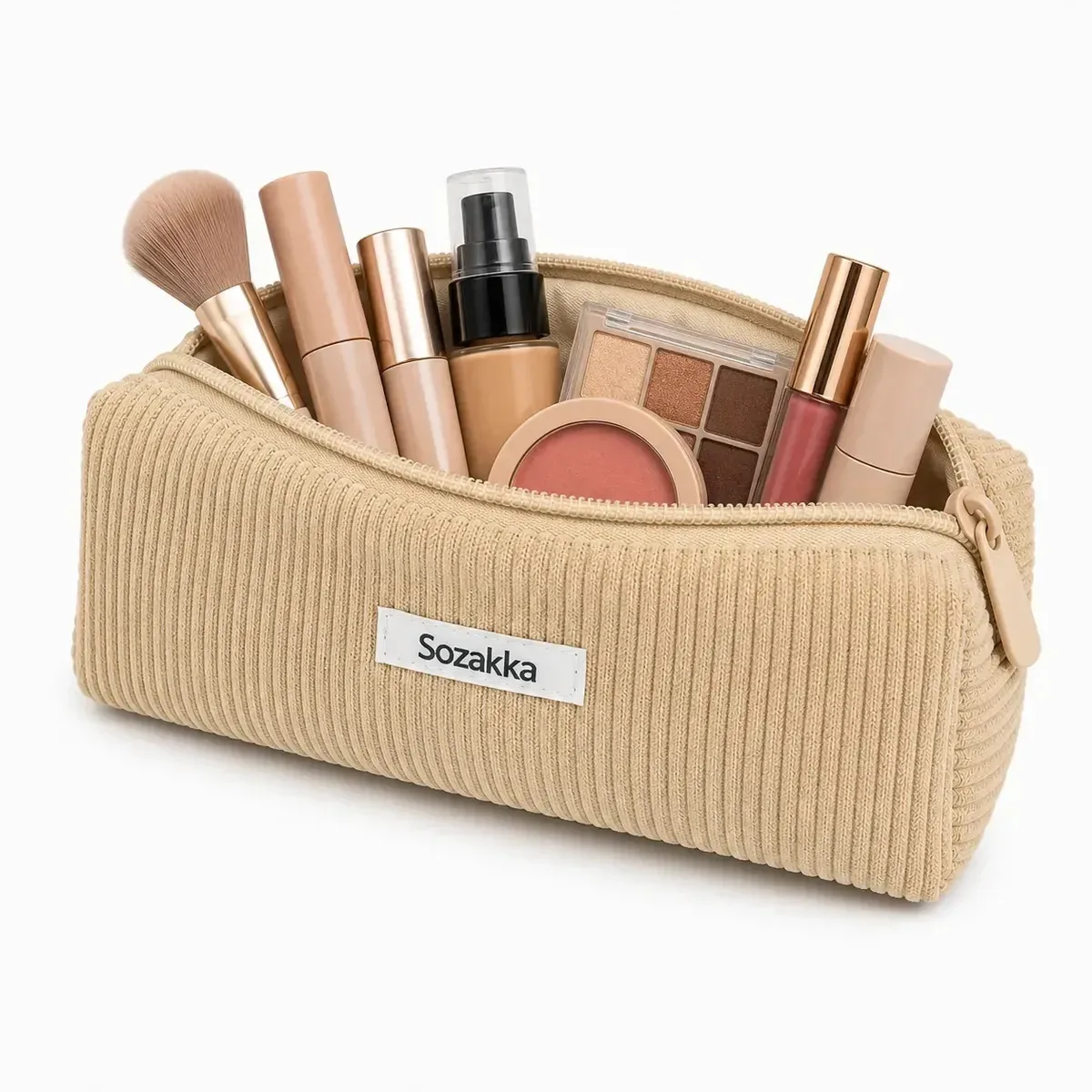 Estojo de cordeiro bege para maquiagem, cosméticos e acessórios de viagem Bolsa de cosméticos portátil com fecho canelado. Estética para mulheres - bege
