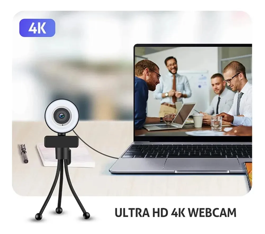 Câmera web Sanchezeo Hd 4k para computador PC laptop Webcam de conferência Webcam de jogos com anel de luz e microfone