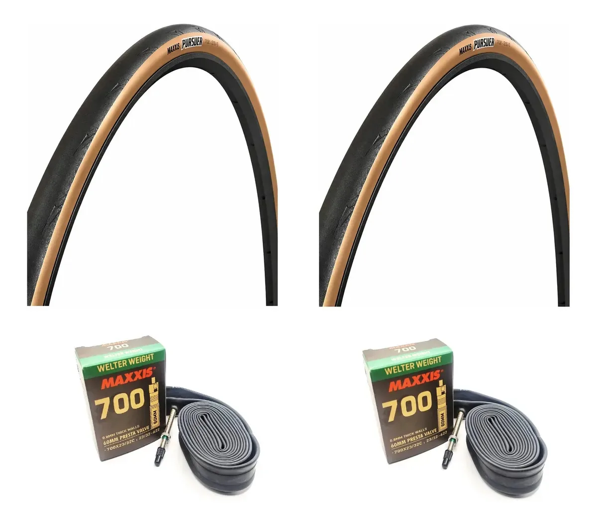 Pacote de 2 pneus de bicicleta Maxxis 700x25 Pursuer e câmeras de café
