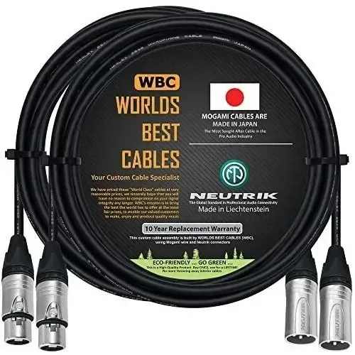 Cabo de microfone balanceado personalizado de 2 unidades Worlds Best Cables de 10 pés com cabo Mogami 2549 (preto) e conectores Neutrik NC3Mxx e NC3Fxx Silver Xlr