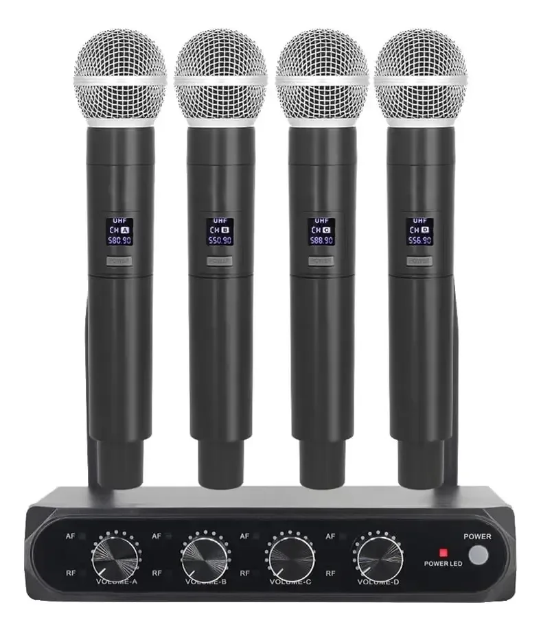 Microfone sem fio profissional Yahewer UHF de 4 canais, dispositivo portátil de frequência fixa para palcos, festas em casa e igrejas