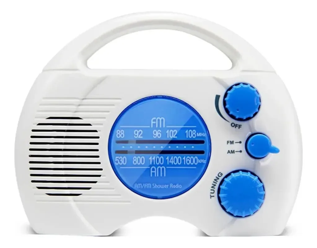 Geuxe - Rádio de chuveiro portátil de 4 níveis, à prova d'água, rádio FM AM, mini rádio de banheiro com placa conectável