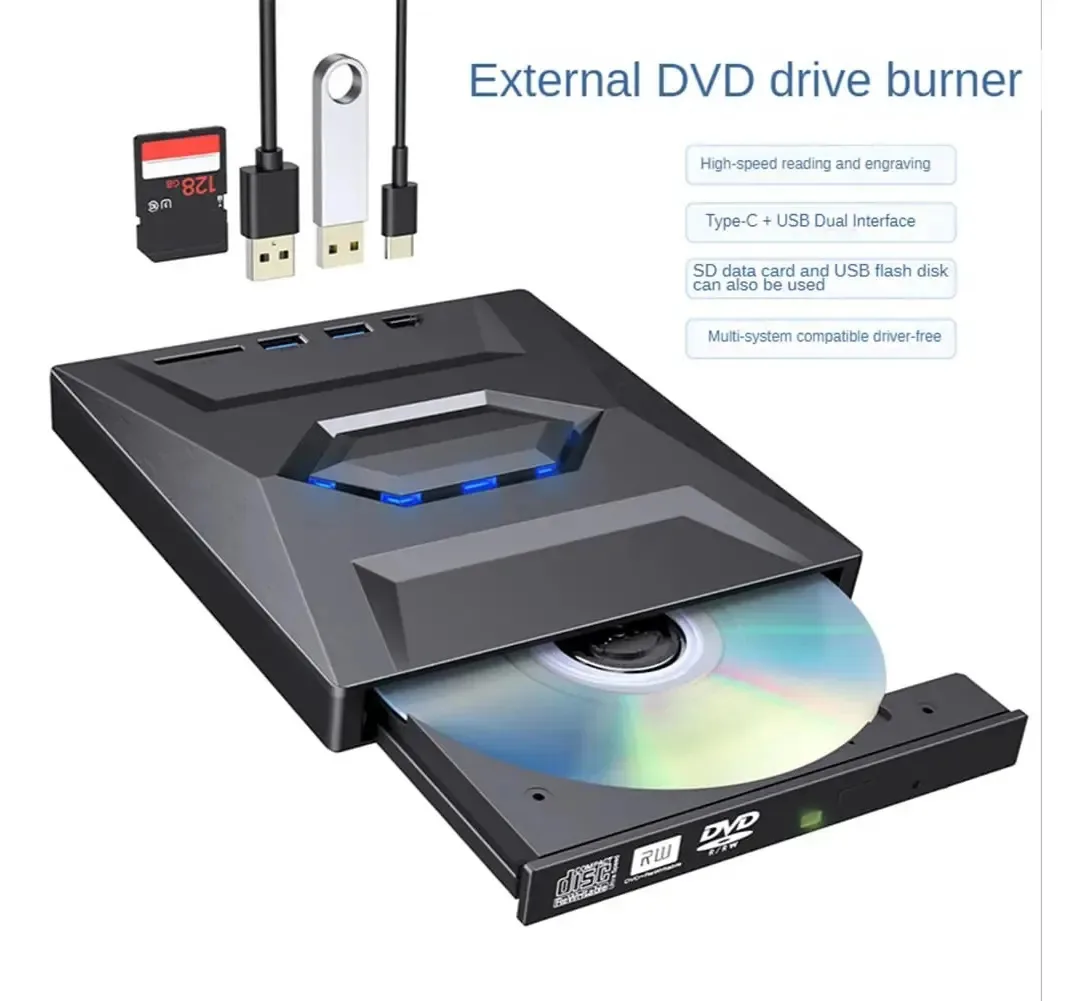 Gravador de DVD Lizusidtsy USB 3.0 + Tipo-C, Gravador de DVD RW, Gravador de CD, Unidade Óptica Externa, Leitor de CD/DVD, Leitor de Cartão TF/SD para PC