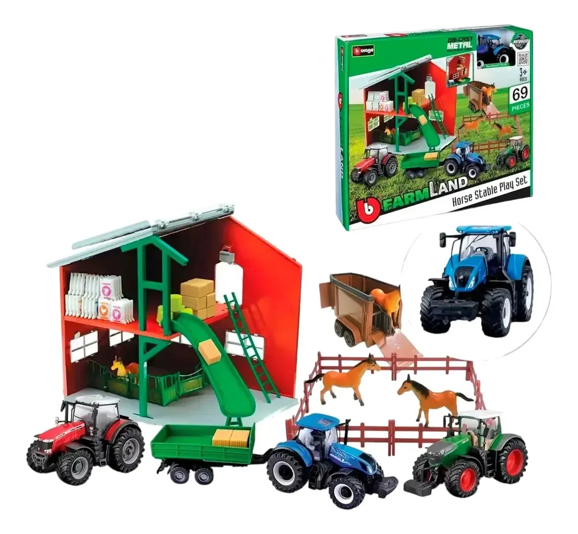 Brinquedo Bburago Farm Stable com veículo trator verde Agro Stable