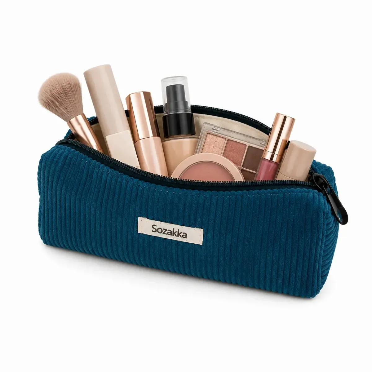 Estojo de cordeiro azul marinho para maquiagem, cosméticos e acessórios de viagem Bolsa de cosméticos portátil com fecho canelado, estética para mulheres — azul marinho