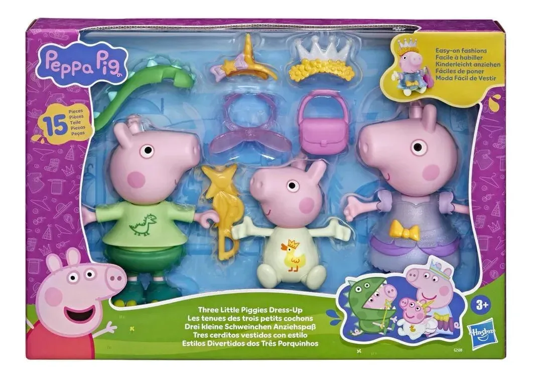 Conjunto Peppa Pig: três porcos vestidos com estilo