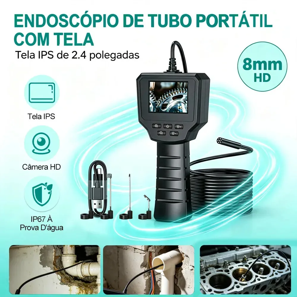 Endoscópio Industrial Tela IPS 2.4" Câmera 3m Inspeção 8mm IP67 À Prova D'água Para Motor, Encanamento - Hearbuds