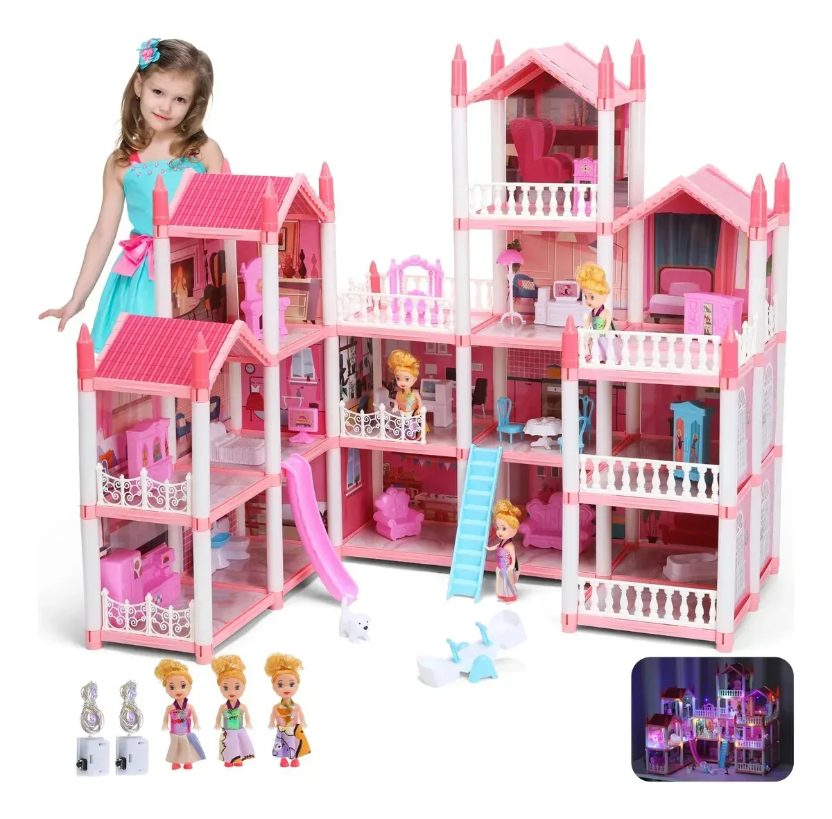 Casa de bonecas LED com móveis rosa Princess Castle