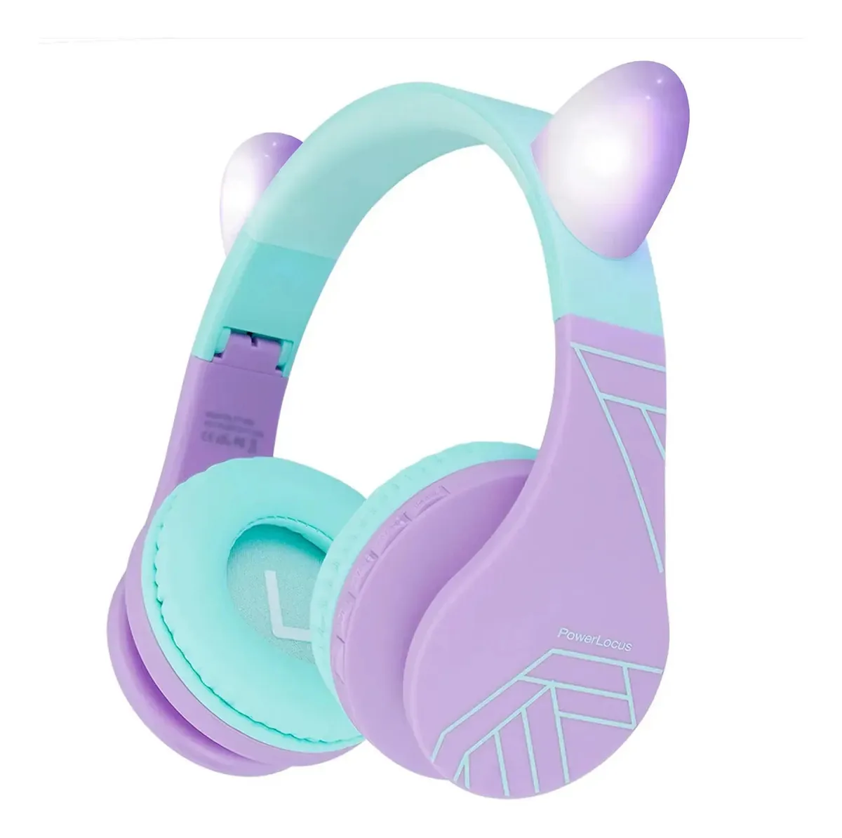 Fones de ouvido Bluetooth Powerlocus para crianças, orelhas de gato roxo-azulado