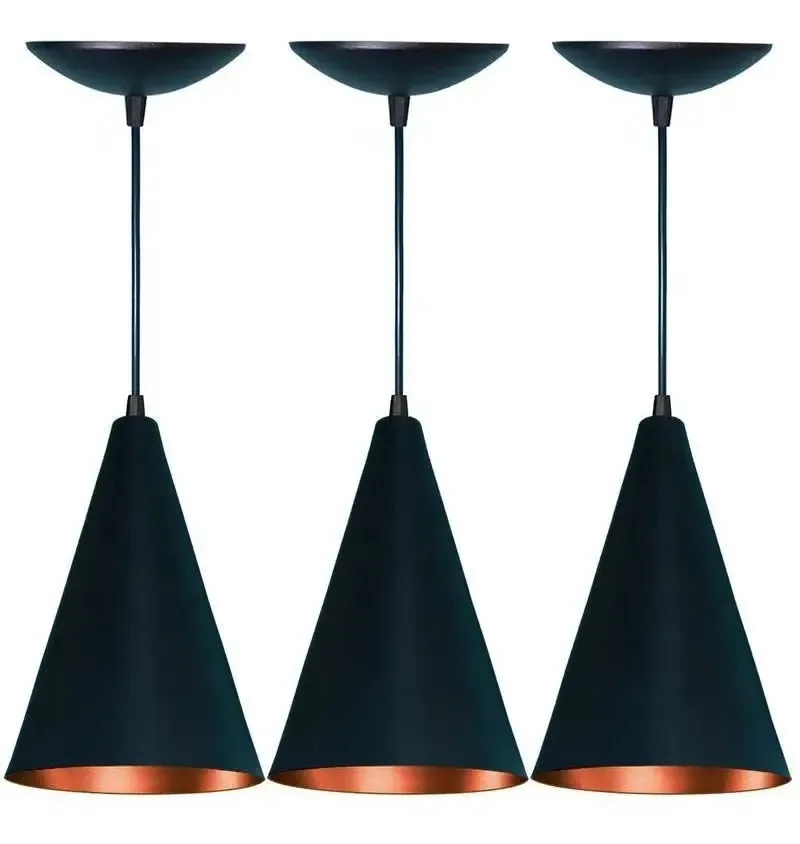 Kit 03 Lustres Pendente Cone Preto Fosco E Cobre