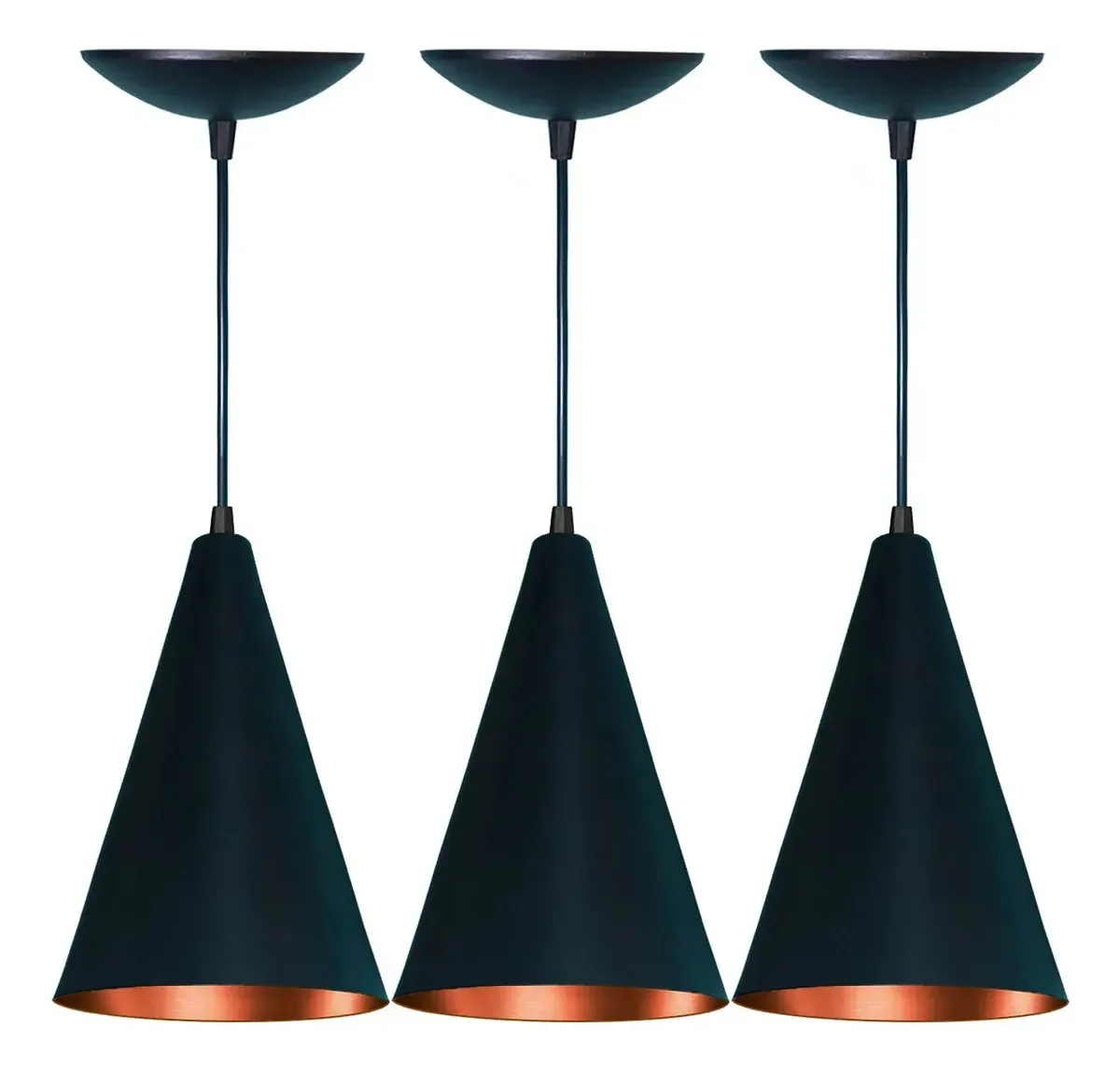 Kit 3 Pendentes Cone Em Alumínio Preto Fosco E Cobre