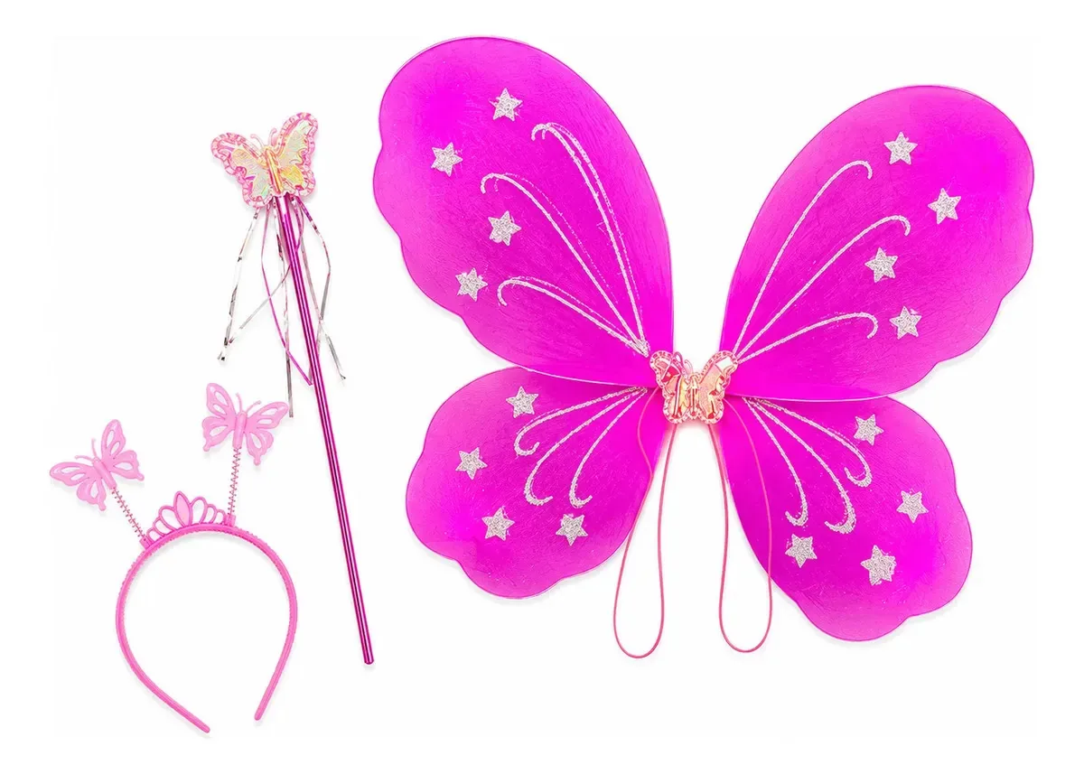 Conjunto de borboletas fúcsia, asas, faixa de cabeça e varinha para fantasia X1 fúcsia
