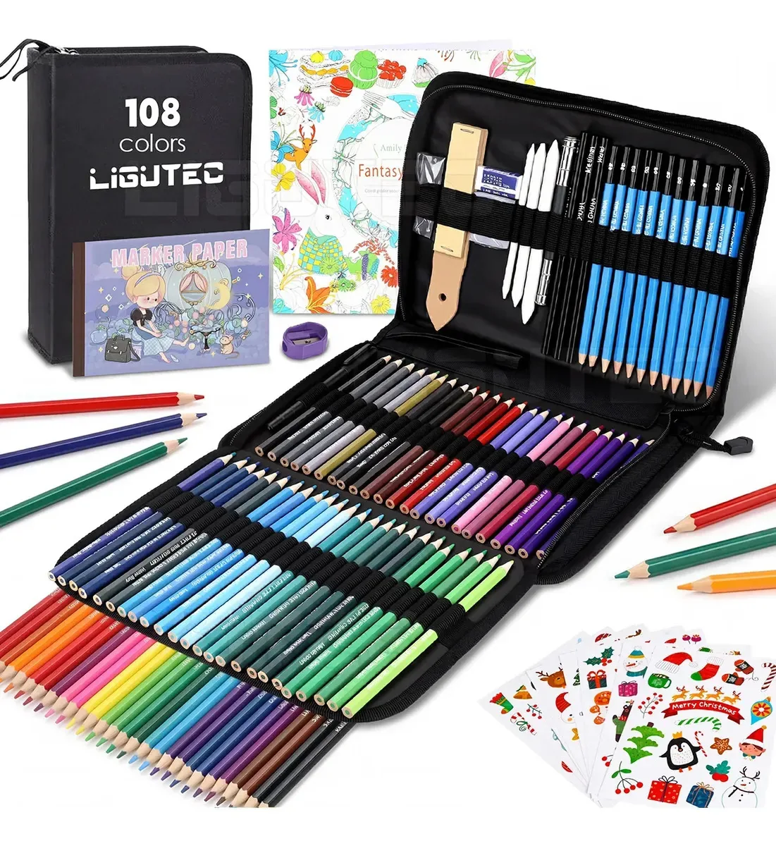 Kit de desenho Ligutec de 108 peças, material escolar, lápis de desenho e esboços com caderno de desenho, livro de colorir, colorido, aquarela, metálico, grafite e lápis de carvão