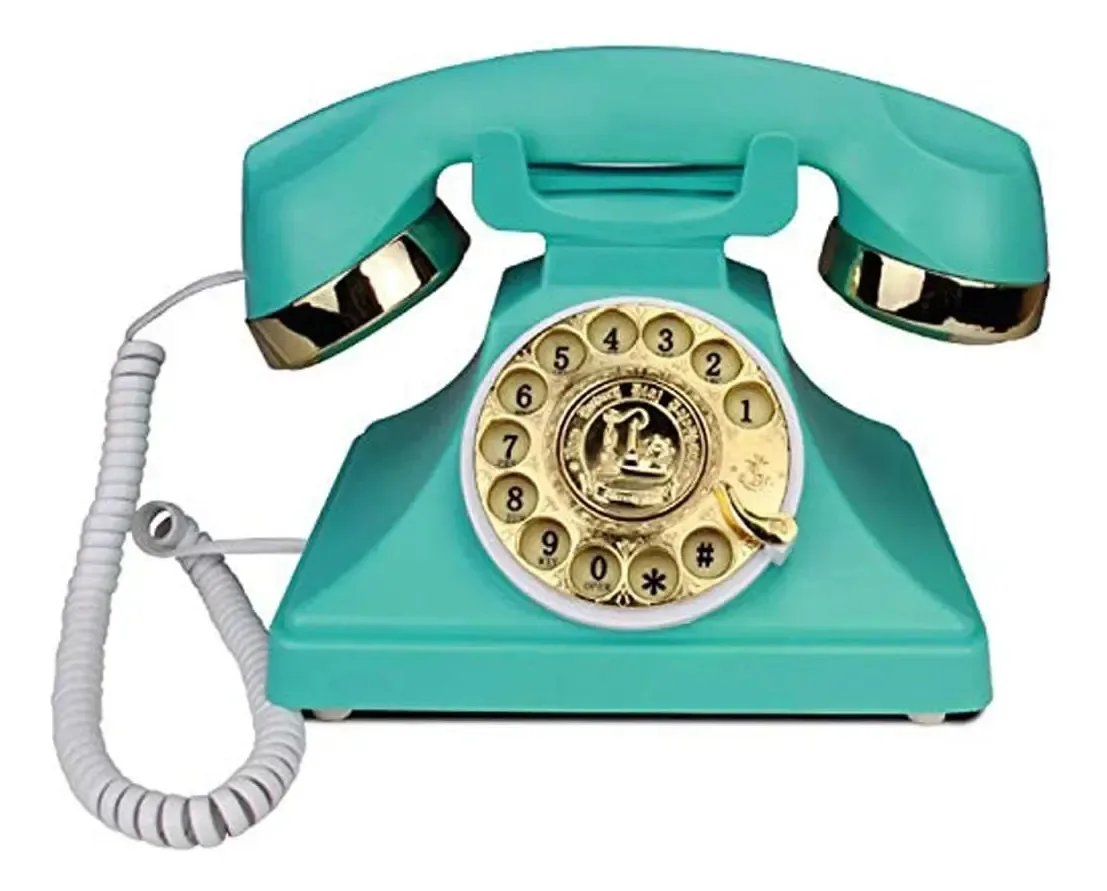 Telefone fixo retrô Igzvmbo, telefone com discagem rotativa, campainha clássica de metal antigo, função de telefone com fio para casa e decoração, azul