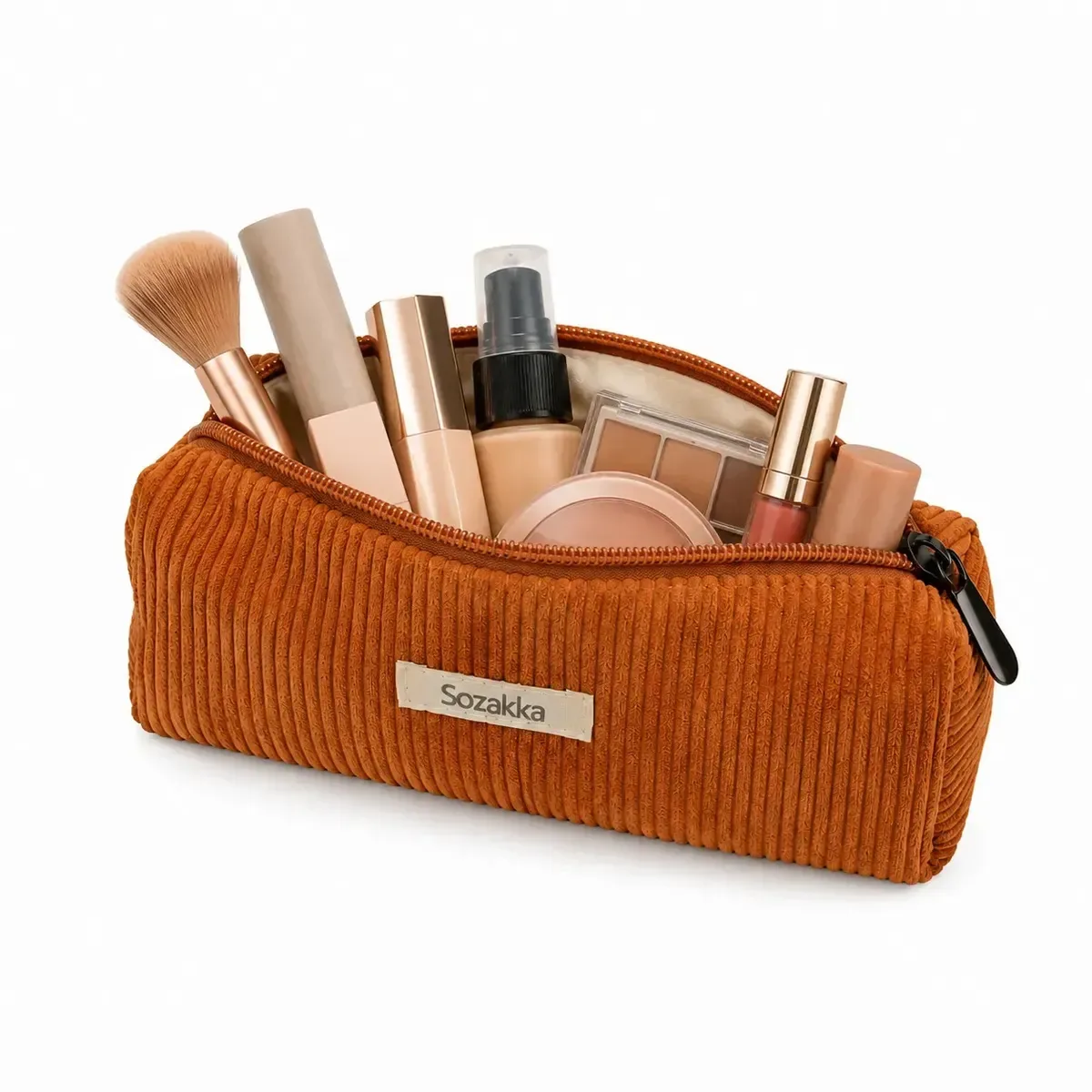 Estojo Brown Lamb para maquiagem, cosméticos e acessórios de viagem Bolsa de cosméticos portátil com fecho canelado Bolsa de cosméticos para mulheres - marrom