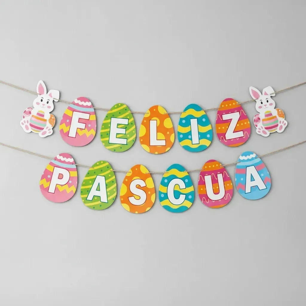 Guirlandas decorativas de Feliz Páscoa, 5 metros, 13 peças, desenhos multicoloridos, letras brancas