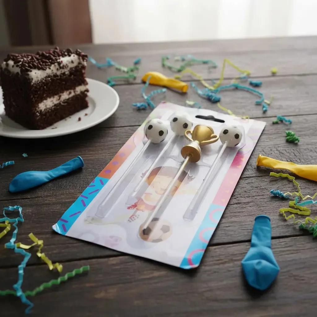 Conjunto de velas de aniversário, bola de futebol e enfeite de bolo